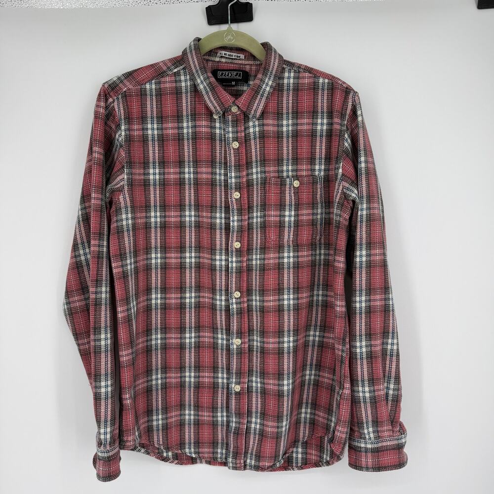 Ezekiel Plaid Button Down Shirt Women Size M Pink Gray Cream Woven Flannel